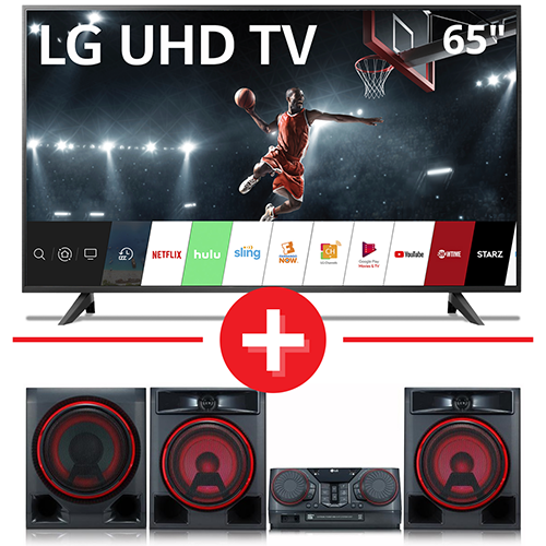 LG 65" 4K UHD TV + 1100W Hi-Fi Shelf Speaker System display image